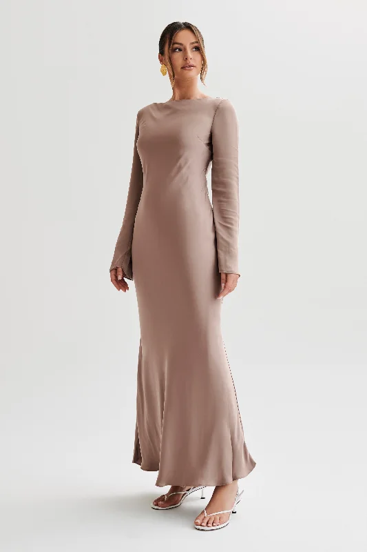 Party Dresses with Metallic Sequined Bodice and Chiffon Skirt and Sheer Back for Ladies' Glamorous and Sexy LookRayleigh Long Sleeve Satin Maxi Dress - Mocha Party Dresses with Metallic Sequined Bodice and Chiffon Skirt and Sheer Back for Ladies' Glamorous and Sexy LookRayleigh Long Sleeve Satin Maxi Dress - Mocha