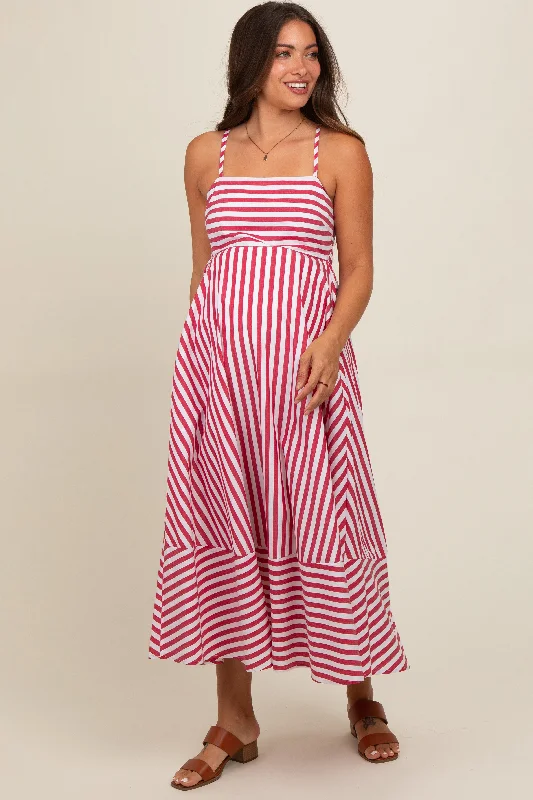 Bishop - sleeve midi dress for a vintage - inspired and elegant styleRed Contrast Stripe Maternity Midi Dress
