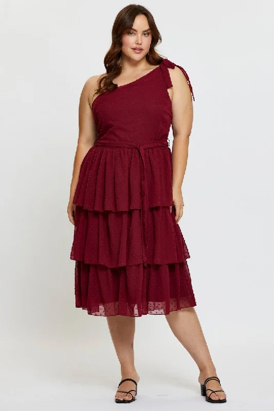 High - low hem midi dress for a modern and stylish lookRed Midi Dress One Shoulder Sleeveless