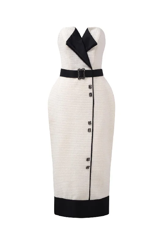 Luxury midi dress made from premium materialsRegina Pegged Semi-Heart Neck Tweed Midi Dress