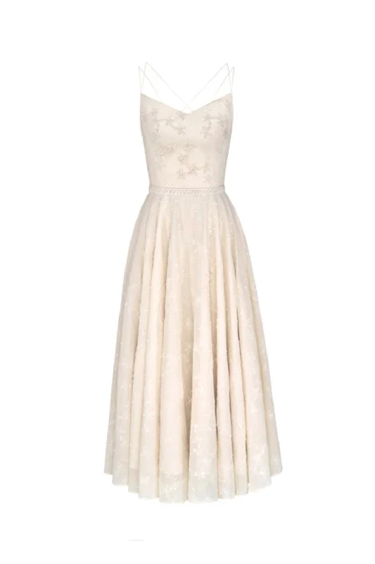 Midi dress for a night out at a club or partyRio A-line Spaghetti Strap Lace Midi Dress