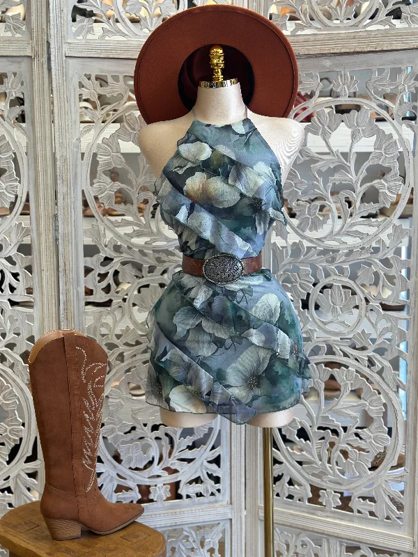 Empire Waist Party Dresses with Satin Sash for Ladies' Curvy Figure FlatteringRuffle Floral Pattern Mini Backless Dress- Stretchy, Estira Empire Waist Party Dresses with Satin Sash for Ladies' Curvy Figure FlatteringRuffle Floral Pattern Mini Backless Dress- Stretchy, Estira