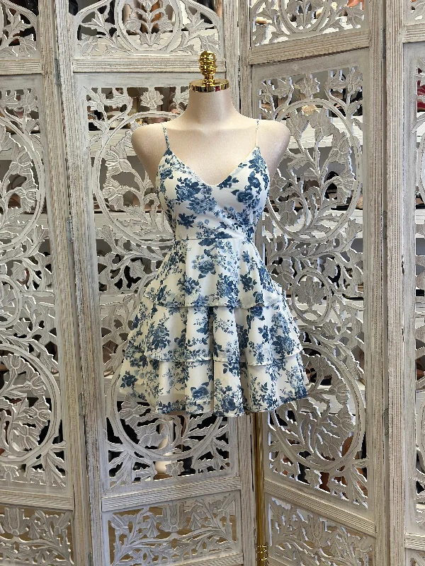 Party Dresses with Embroidered Stars and Sequined Dots for Ladies' Celestial and Playful LookRuffled Blue Floral Mini Dress- Slightly Stretchy Party Dresses with Embroidered Stars and Sequined Dots for Ladies' Celestial and Playful LookRuffled Blue Floral Mini Dress- Slightly Stretchy