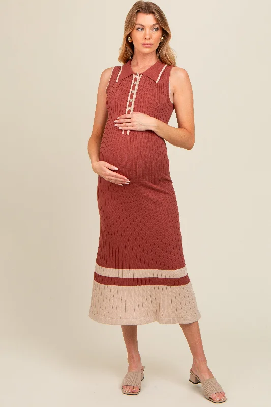 Maxi - length midi dress with a flowing silhouetteRust Knit Button Front Contrast Border Maternity Midi Dress