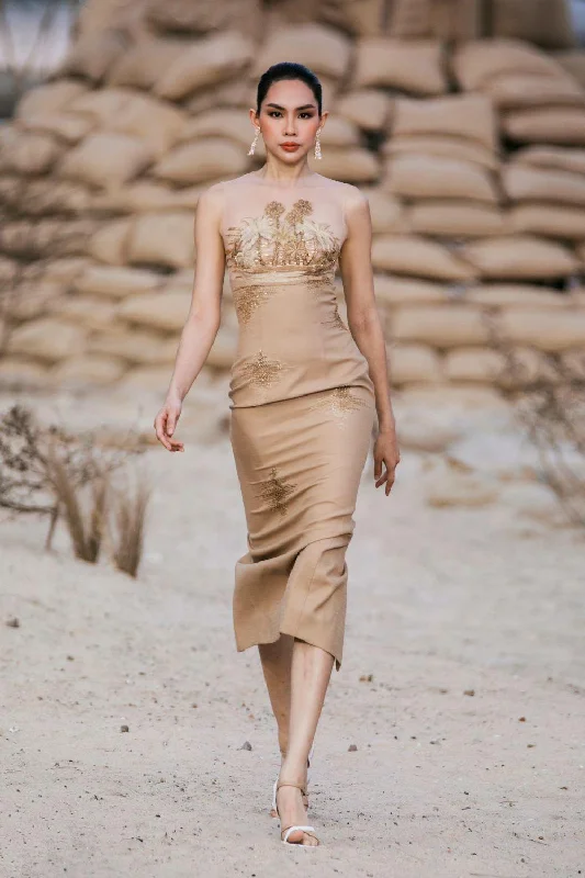 Midi dress for a business - casual setting when paired with a blazerSarah Pencil Illusion Neck Burlap Midi Dress