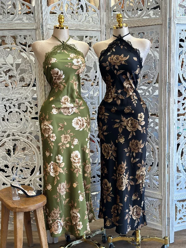 Party Dresses with Beaded Floral Wreath on the Bodice and High Low Hem for Ladies' Delicate and Dramatic LookSatin Floral Lace Trim Maxi Dress- Not Stretchy, No Estira