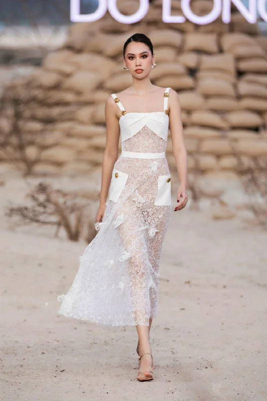 Ruffled hem midi dress for a charming and playful vibeSerenity A-line See-Through Lace Midi Dress