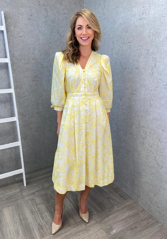 Midi dress for outdoor adventures such as hiking and campingSetre Embroidered Floral Midi Dress, Yellow
