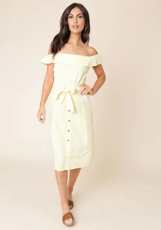 Wrap - style midi dress with a customizable fitSeventy1 Bardot Gingham Midi Dress, Yellow