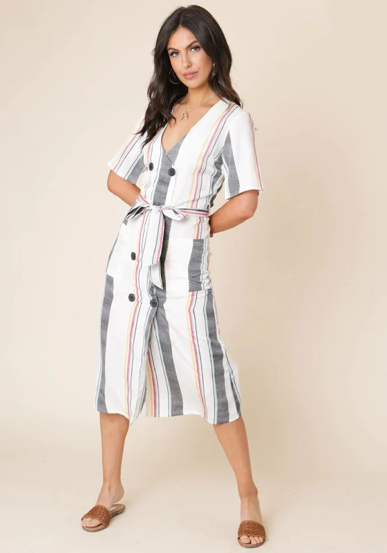 Long - sleeved wool midi dress for a warm and cozy winter optionSeventy1 Multi Stripe Button Midi Dress, Multi