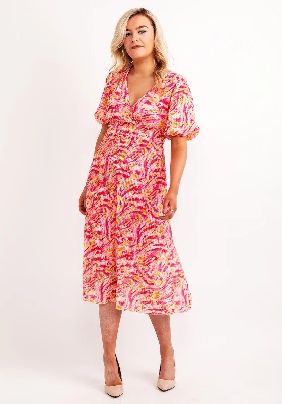 Tea - length midi dress for a classic and elegant lengthSeventy1 One Size Elasticated Pleated Midi Dress, Pink & Yellow