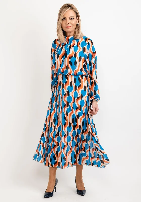 Linen midi dress for a breathable and casual summer optionSeventy1 One Size Patterned Blouson Waist Midi Dress, Blue Orange Multi