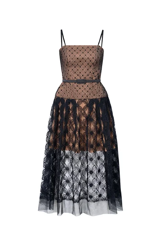 Puff - sleeve midi dress for a feminine and voluminous styleSheila A-line Spaghetti Strap Lace Midi Dress