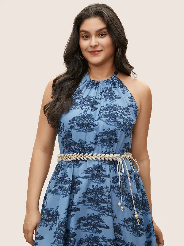 Party Dresses with Sequined Star Motifs and Sheer Sleeve and Ruffled Hem for Ladies' Celestial and Flirty LookShell Detail Knotted Beaded Chain Belt