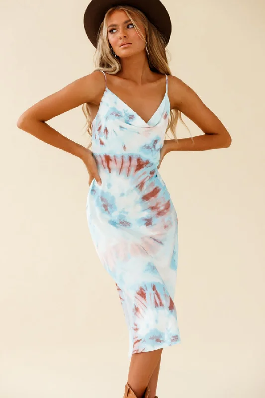 Embroidered lace midi dress for a romantic and delicate touchShow Me Love Cowl Neck Midi Dress Tie-Dye Blue Multi