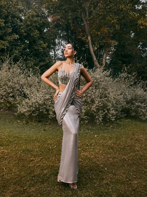Lace Trimmed Party Dresses with Bow Back for Ladies' Dainty and Feminine LookSobia Grey Shimmer Chiffon Pre- Draped Saree Set Lace Trimmed Party Dresses with Bow Back for Ladies' Dainty and Feminine LookSobia Grey Shimmer Chiffon Pre- Draped Saree Set