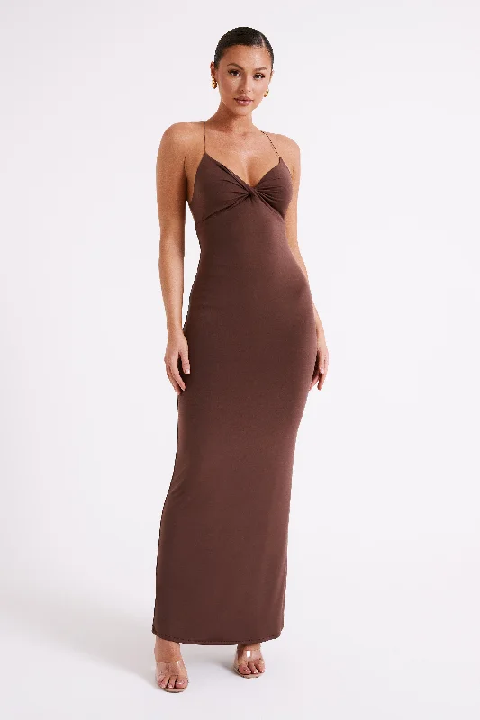 Party Dresses with Sheer Panels and Beaded Trim and Embroidered Paisley Patterns and Ruffled Hem for Ladies' Sultry and Exotic LookSinead Twist Maxi Dress - Mocha Party Dresses with Sheer Panels and Beaded Trim and Embroidered Paisley Patterns and Ruffled Hem for Ladies' Sultry and Exotic LookSinead Twist Maxi Dress - Mocha