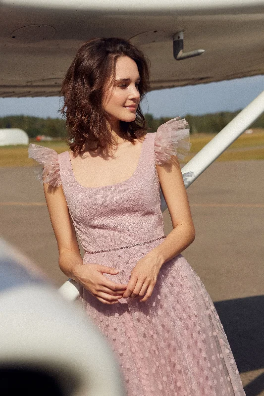 Party Dresses with Embroidered Stars and Sequined Dots for Ladies' Celestial and Playful LookSleeveless Polka Dot Midi Length Evening Dress Party Dresses with Embroidered Stars and Sequined Dots for Ladies' Celestial and Playful LookSleeveless Polka Dot Midi Length Evening Dress