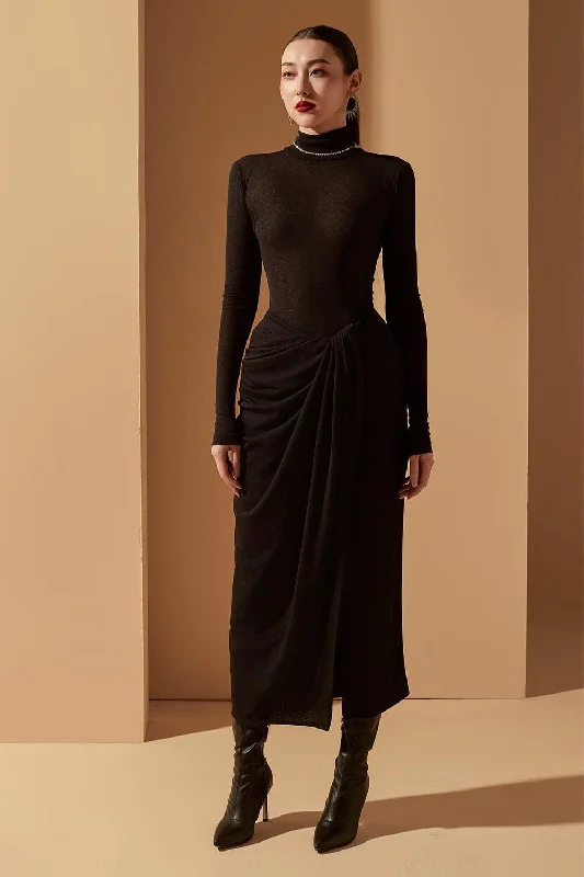 Velvet midi dress for a luxurious and soft feelSophia Slit Turtle Neck Cotton Midi Dress