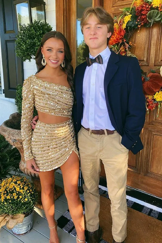 Long Party Dresses with Train for Ladies' Red Carpet EventsSparkly Champagne One Shoulder Long Sleeve Tight Sequins Short Prom Dress Long Party Dresses with Train for Ladies' Red Carpet EventsSparkly Champagne One Shoulder Long Sleeve Tight Sequins Short Prom Dress