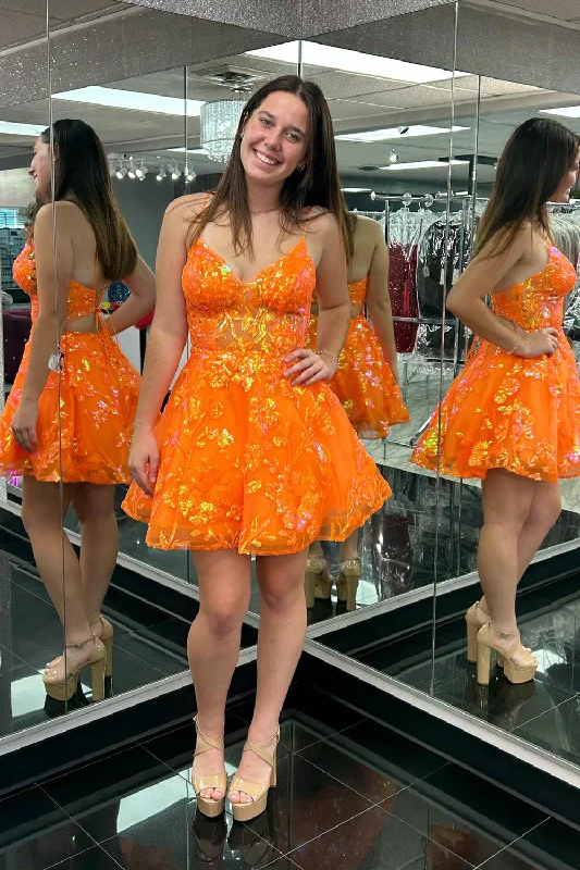 Party Dresses with Satin Trimmed Collar and Ruffled Hem for Ladies' Classic and Girly LookSparkly Orange A-Line Sequined Embroidery Spaghetti Straps Short Prom Dress Party Dresses with Satin Trimmed Collar and Ruffled Hem for Ladies' Classic and Girly LookSparkly Orange A-Line Sequined Embroidery Spaghetti Straps Short Prom Dress