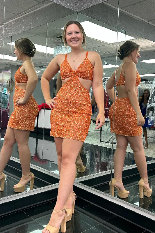 Party Dresses with Pleated Skirts and Lace Overlay for Ladies' Feminine and Timeless LookSparkly Orange Tight Sequins Spaghetti Straps Short Prom Dress Party Dresses with Pleated Skirts and Lace Overlay for Ladies' Feminine and Timeless LookSparkly Orange Tight Sequins Spaghetti Straps Short Prom Dress