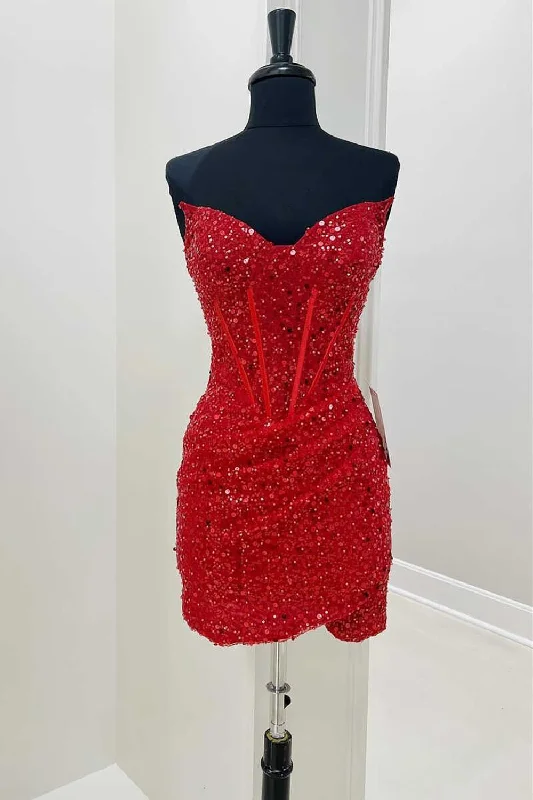 Vintage Inspired Party Dresses for Ladies' Retro Themed GatheringsSparkly Red Sequins Corset Strapless Tight Short Prom Dress Vintage Inspired Party Dresses for Ladies' Retro Themed GatheringsSparkly Red Sequins Corset Strapless Tight Short Prom Dress