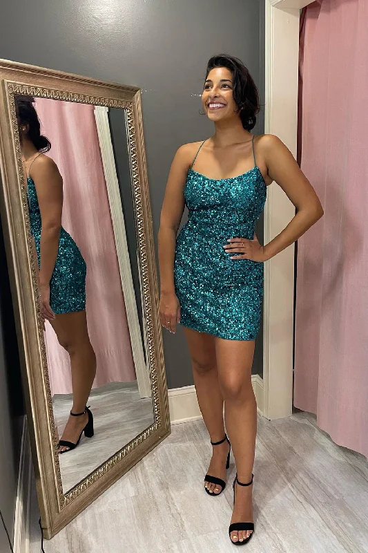Party Dresses with Bell Sleeves and Ruffled Hem for Ladies' Retro CharmSparkly Turquoise Tight Sequins Lace-Up Short Prom Dress Party Dresses with Bell Sleeves and Ruffled Hem for Ladies' Retro CharmSparkly Turquoise Tight Sequins Lace-Up Short Prom Dress