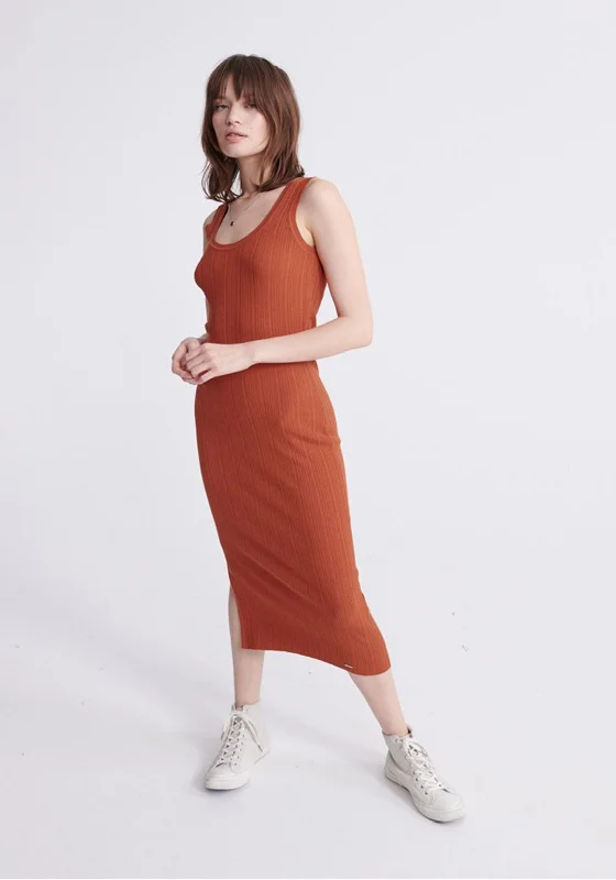 Puff - sleeve midi dress for a feminine and voluminous styleSuperdry Womens Sahara Knit Midi Dress, Rust