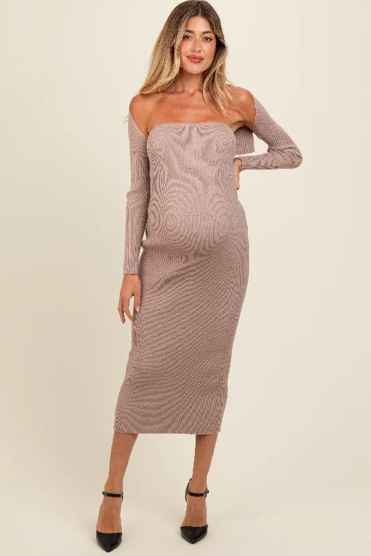 Luxury midi dress made from premium materialsTaupe Knit Shrug Fitted Maternity Midi Dress