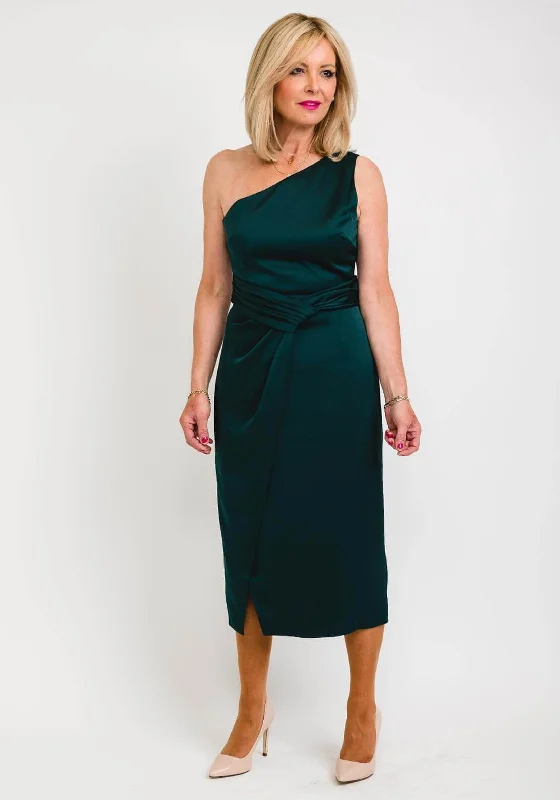 Satin midi dress for a smooth and shiny finishTed Baker One Shoulder Folded Waist Detail Midi Dress, Dark Green
