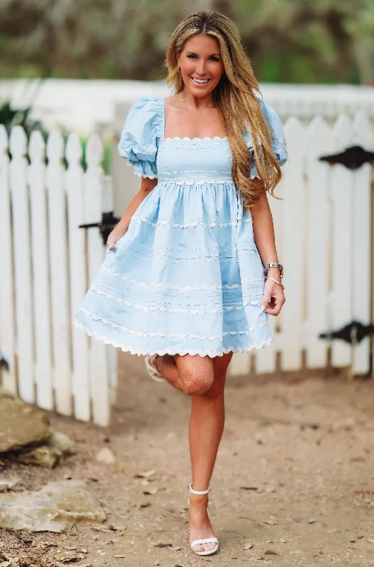 Party Dresses with Embroidered Tribal Patterns and Satin Sash for Ladies' Cultural and Stylish LookThose Baby Blues Babydoll Mini Dress - Light Blue Party Dresses with Embroidered Tribal Patterns and Satin Sash for Ladies' Cultural and Stylish LookThose Baby Blues Babydoll Mini Dress - Light Blue