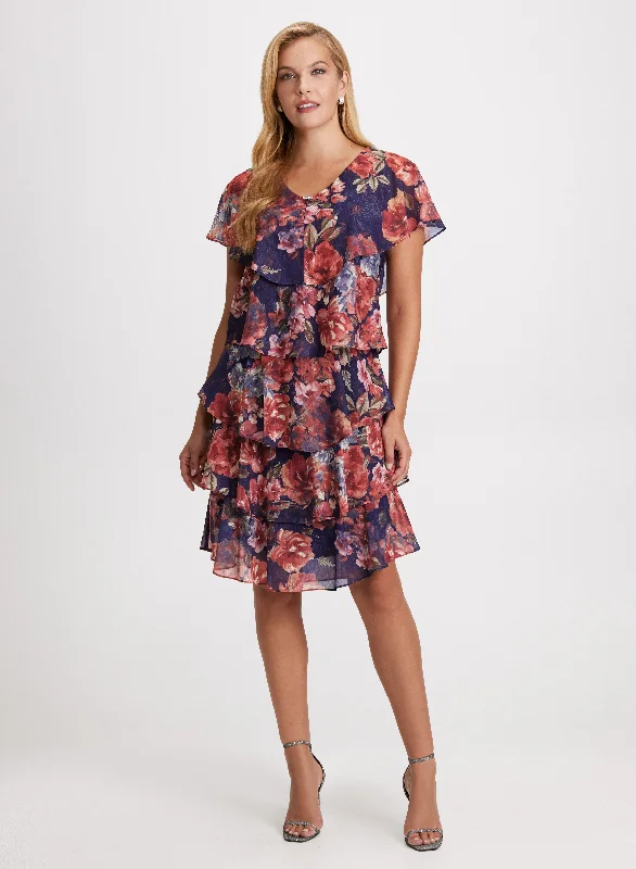 Long Party Dresses with Train for Ladies' Red Carpet EventsTiered Floral Print Dress Long Party Dresses with Train for Ladies' Red Carpet EventsTiered Floral Print Dress