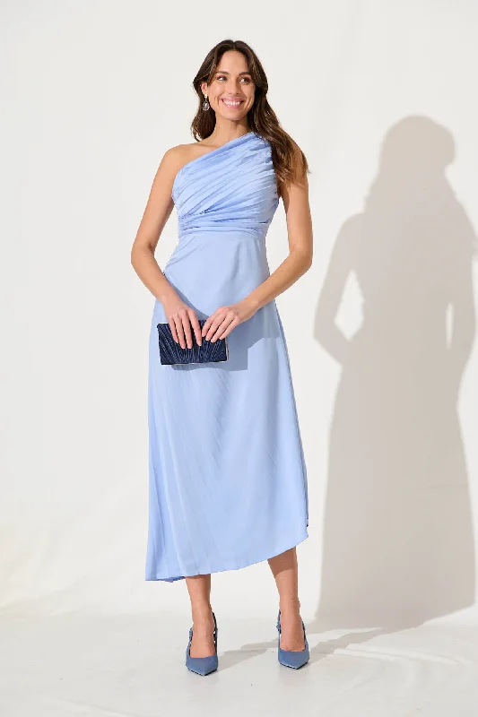 Party Dresses with Sequined Geometric Shapes and Lace and Chiffon Blend and Ruffled Sleeves for Ladies' Modern and Dramatic LookToulon One Shoulder Maxi Dress In Pale Blue Satin Party Dresses with Sequined Geometric Shapes and Lace and Chiffon Blend and Ruffled Sleeves for Ladies' Modern and Dramatic LookToulon One Shoulder Maxi Dress In Pale Blue Satin