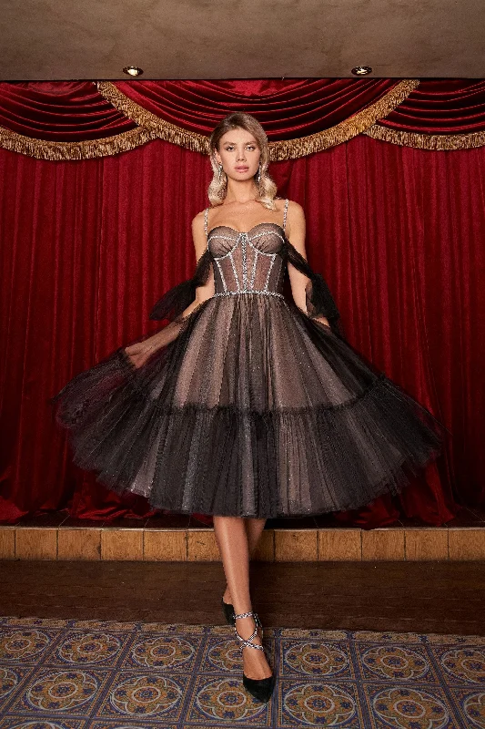 Party Dresses with Sheer Panels and Beaded Trim and Embroidered Paisley Patterns and Ruffled Hem for Ladies' Sultry and Exotic LookTulle Tiered Black Midi Glitter Dress Party Dresses with Sheer Panels and Beaded Trim and Embroidered Paisley Patterns and Ruffled Hem for Ladies' Sultry and Exotic LookTulle Tiered Black Midi Glitter Dress