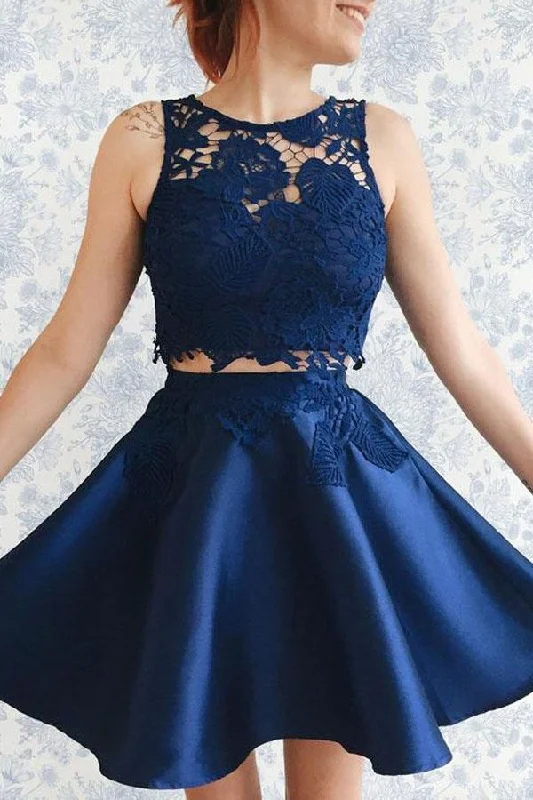 Party Dresses with Tassel Hem and Metallic Lace for Ladies' Boho and Luxurious LookTwo Piece Dark Blue Satin Homecoming Dress with Lace Appliques PG157 Party Dresses with Tassel Hem and Metallic Lace for Ladies' Boho and Luxurious LookTwo Piece Dark Blue Satin Homecoming Dress with Lace Appliques PG157