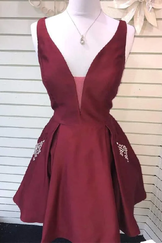 Party Dresses with Sequined Star Motifs and Sheer Sleeve and Ruffled Hem for Ladies' Celestial and Flirty LookV-Neck Burgundy Satin Cute Homecoming Dress with Pockets PD360 Party Dresses with Sequined Star Motifs and Sheer Sleeve and Ruffled Hem for Ladies' Celestial and Flirty LookV-Neck Burgundy Satin Cute Homecoming Dress with Pockets PD360