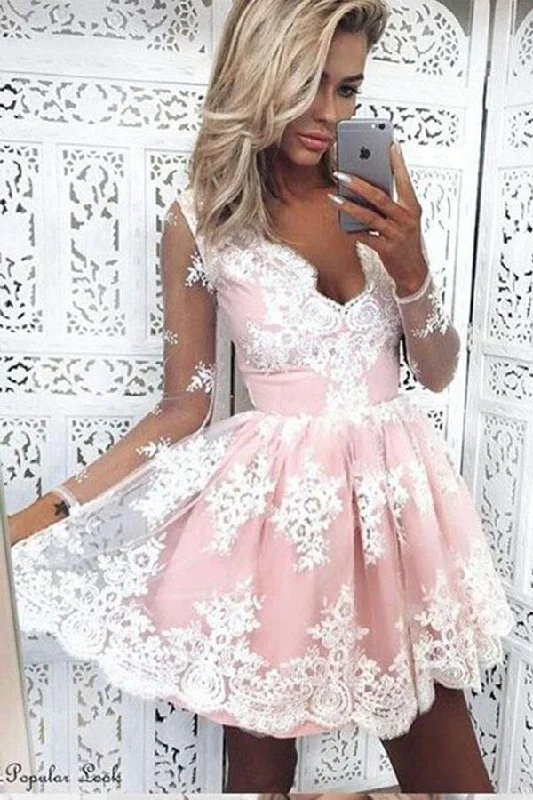 Party Dresses with Ruffled Hem and Bow at the Waist and Satin Ribbon for Ladies' Sweet and Feminine LookV-Neck Long Sleeves Short Pink Tulle Homecoming Dress with Appliques  PG160