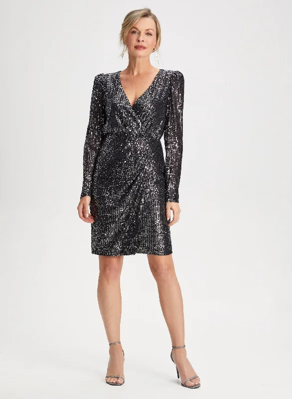 Party Dresses with Ruffled Sleeveless Top and Sequined Bodice and Tulle Skirt and Beaded Waistband for Ladies' Dramatic and Glamorous LookV-Neck Sequin Dress Party Dresses with Ruffled Sleeveless Top and Sequined Bodice and Tulle Skirt and Beaded Waistband for Ladies' Dramatic and Glamorous LookV-Neck Sequin Dress