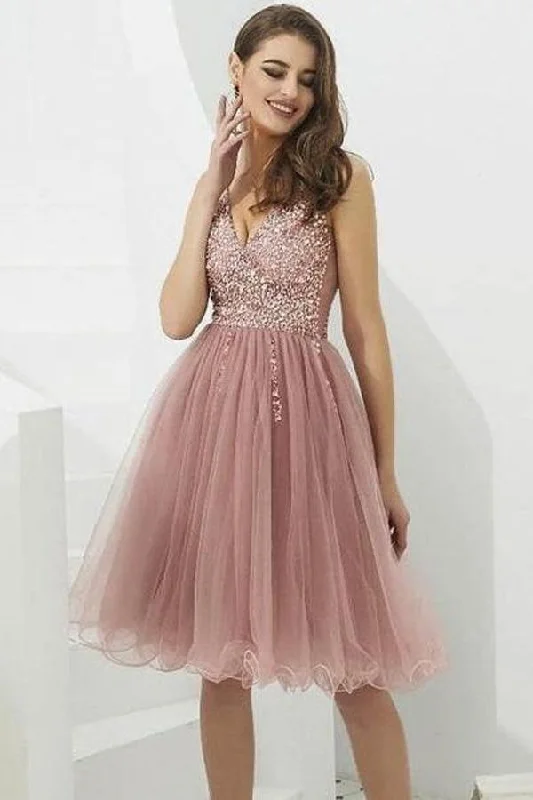 Backless Party Dresses with Rhinestone Embellishments for Ladies' Sexy LookV-neck Tulle with Beaded Short Prom Dresses Homecoming Dresses PD366 Backless Party Dresses with Rhinestone Embellishments for Ladies' Sexy LookV-neck Tulle with Beaded Short Prom Dresses Homecoming Dresses PD366