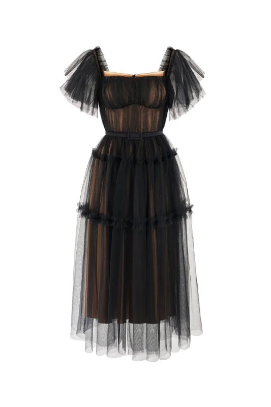 Midi dress for curvy figures with a flattering fitViana Gathered Square Neck Tulle Midi Dress