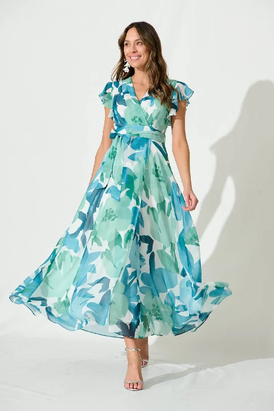 Long Party Dresses with Train for Ladies' Red Carpet EventsWynter Maxi Dress In Green And Blue Floral Chiffon Long Party Dresses with Train for Ladies' Red Carpet EventsWynter Maxi Dress In Green And Blue Floral Chiffon