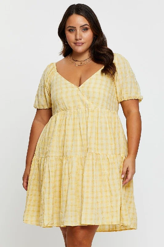 Party Dresses with Pleated Skirts and Lace Overlay for Ladies' Feminine and Timeless LookYellow Smock Dress V-neck Short Sleeve Tie Party Dresses with Pleated Skirts and Lace Overlay for Ladies' Feminine and Timeless LookYellow Smock Dress V-neck Short Sleeve Tie