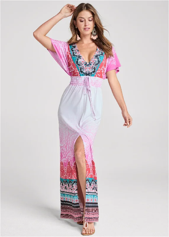 Puff Sleeve Party Dresses with Bell Bottom for Ladies' 80s Style PartyMixed Print Maxi Dress - Pink Multi Puff Sleeve Party Dresses with Bell Bottom for Ladies' 80s Style PartyMixed Print Maxi Dress - Pink Multi