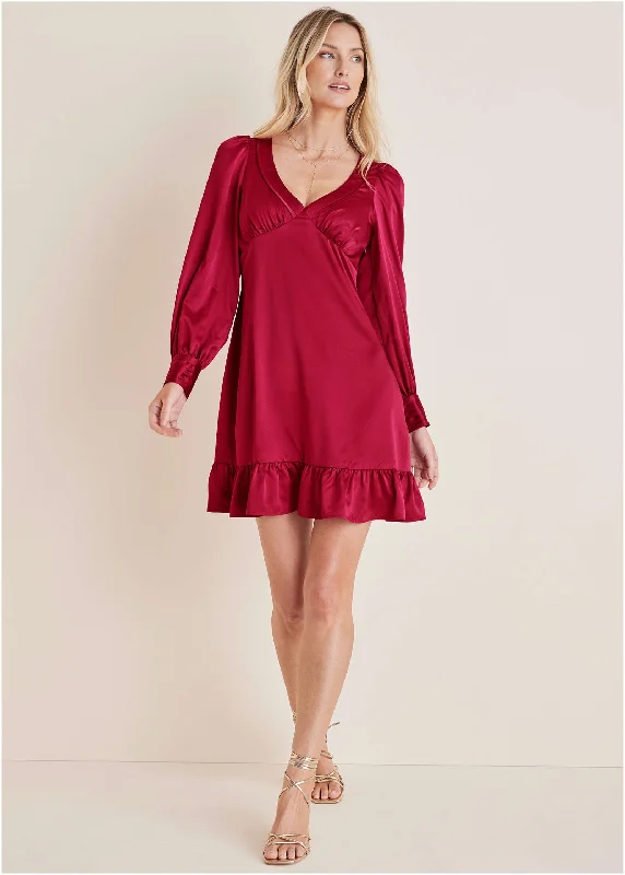 Party Dresses with Lace Insertions on the Skirt and Beaded Waistband for Ladies' Feminine and Glamorous LookLong Sleeve Mini Dress - Vivacious Party Dresses with Lace Insertions on the Skirt and Beaded Waistband for Ladies' Feminine and Glamorous LookLong Sleeve Mini Dress - Vivacious