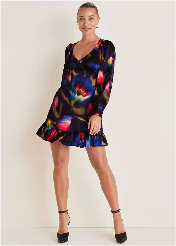 Chiffon Party Dresses with Embroidered Cuffs for Ladies' Elegant TouchLong Sleeve Mini Dress - Watercolor Bouquet