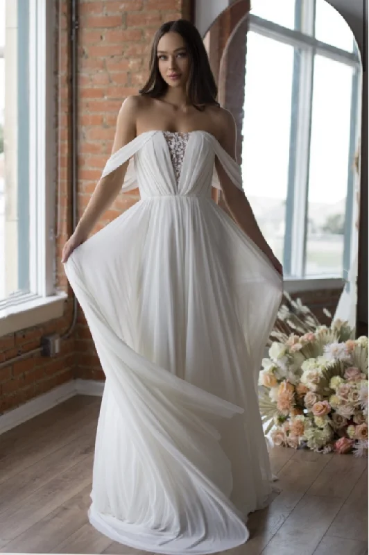 Wedding Dresses with Embroidered Birds and Sequined Floral Motifs and Satin and Lace Combo and Bow at the Waist for a Nature Inspired and Romantic Look2024 Chiffon Wedding Gown with Off-the-shoulder vestido de novia de playa Wedding Dresses with Embroidered Birds and Sequined Floral Motifs and Satin and Lace Combo and Bow at the Waist for a Nature Inspired and Romantic Look2024 Chiffon Wedding Gown with Off-the-shoulder vestido de novia de playa
