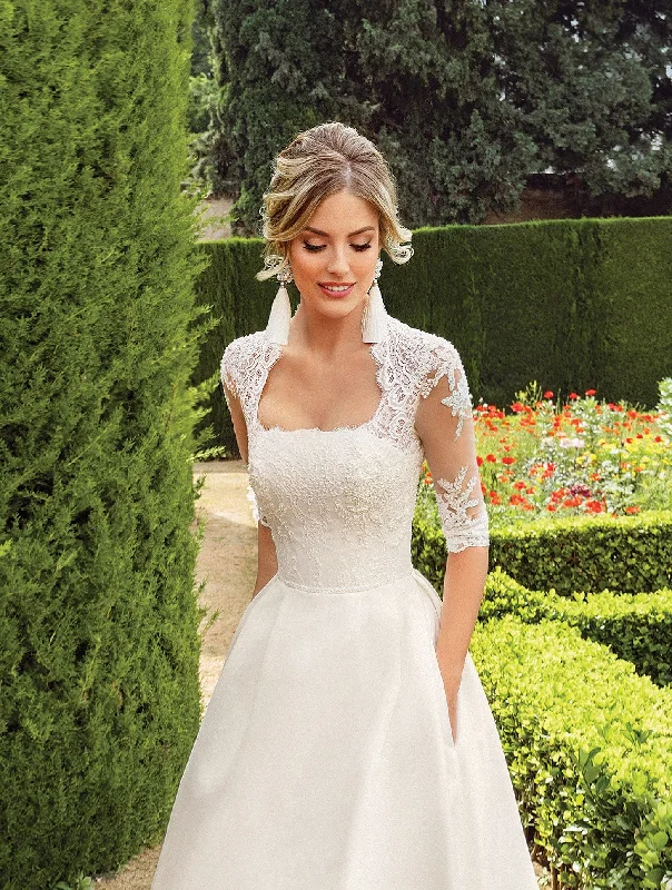 Wedding Dresses with Sequined Floral Motifs and Satin Ribbon Detailing and Lace Trim for an Elegant and Delicate Look3/4 Length Sleeve A-Line Mikado Wedding Dress