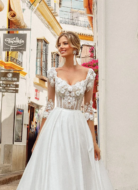 Wedding Dresses with Pleated Tulle Skirt and Sequined Geometric Shapes and Lace Overlay and Bow at the Waist and Embroidered Floral Patterns for a Princess and Feminine Look3/4 Length Sleeve A-Line Wedding Dress with 3D Flowers Wedding Dresses with Pleated Tulle Skirt and Sequined Geometric Shapes and Lace Overlay and Bow at the Waist and Embroidered Floral Patterns for a Princess and Feminine Look3/4 Length Sleeve A-Line Wedding Dress with 3D Flowers