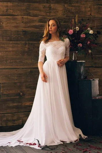 Wedding Dresses with Embroidered Party Animals and Colorful Sequins and Satin Sash for a Themed Party Fun3-4 Sleeve Bateau Neck Chiffon Dress With Lace Bodice Wedding Dresses with Embroidered Party Animals and Colorful Sequins and Satin Sash for a Themed Party Fun3-4 Sleeve Bateau Neck Chiffon Dress With Lace Bodice